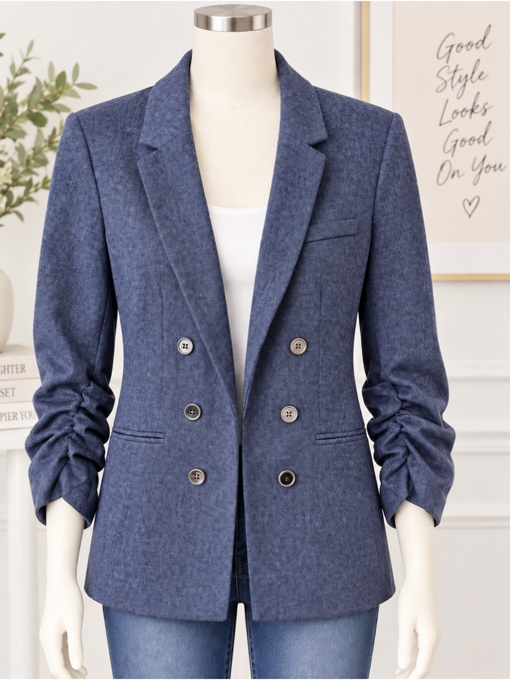 Tahari ASL Double-Breasted Blue Womens Blazer